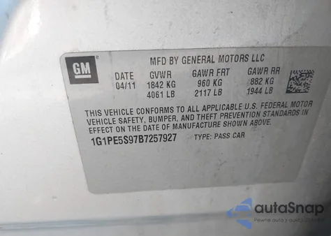 2011 Chevrolet Cruze Lt from USA, damaged, VIN 1G1PE5S97B7257927